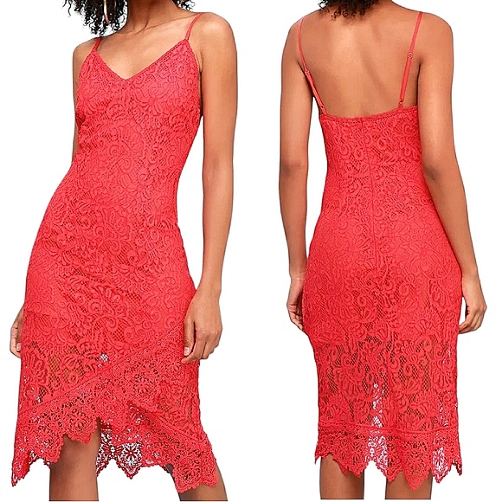 BB Dakota RSVP Rylee Coral Red Lace Bodycon Midi Dress Asymmetrical Feminine S